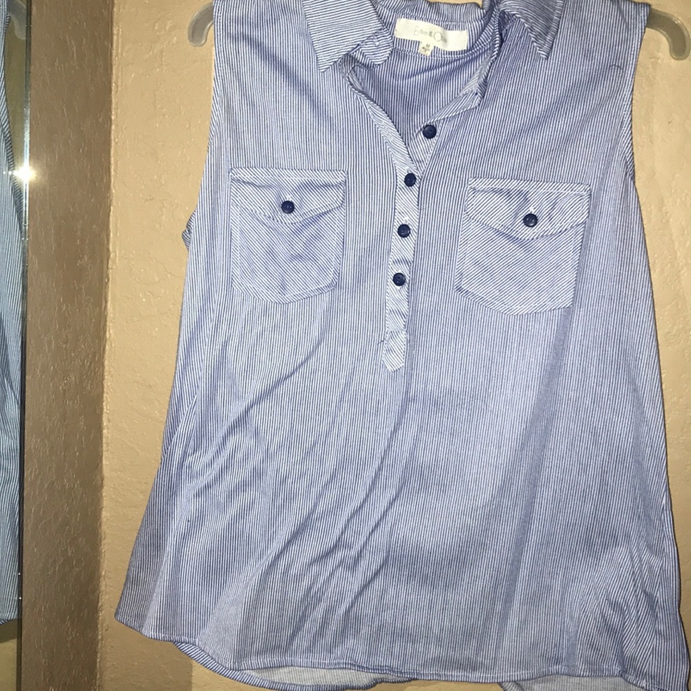 Blue and White semi button up striped Tank top